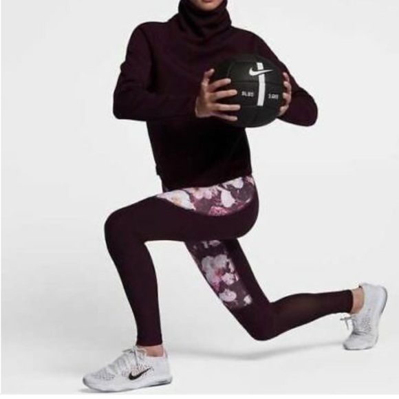 Nike Power Legend Floral Port Wine Mesh Run Training Leggings - Picture 2 of 16